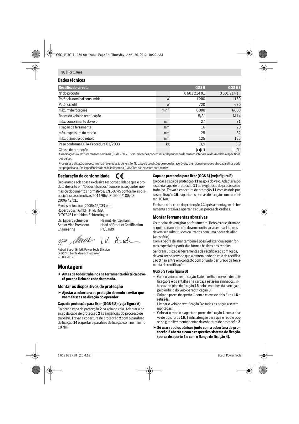 Montagem | Bosch GGS 6 S Professional User Manual | Page 36 / 190