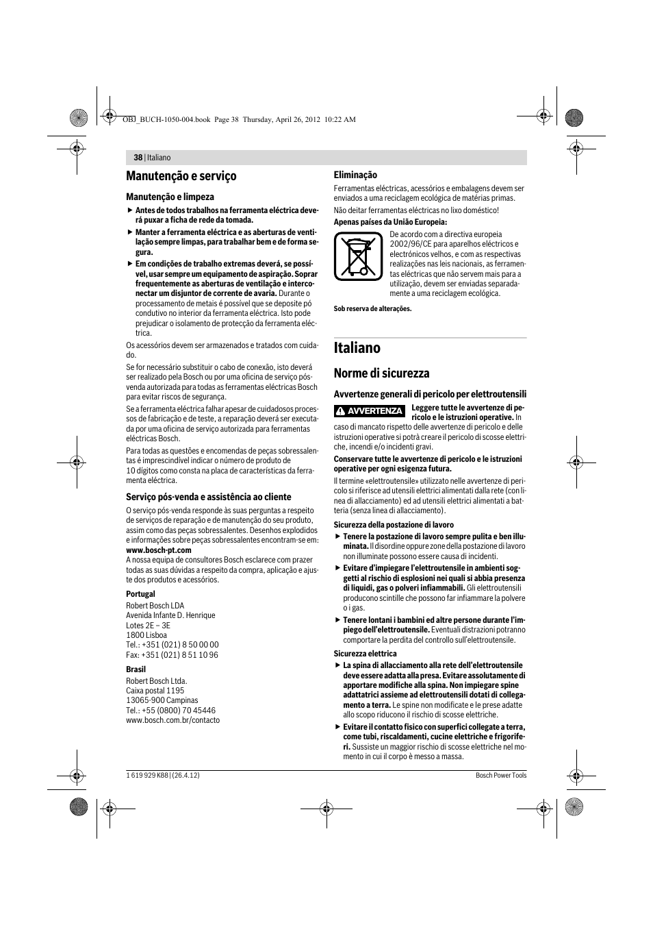 Italiano, Manutenção e serviço, Norme di sicurezza | Bosch GGS 6 S Professional User Manual | Page 38 / 190