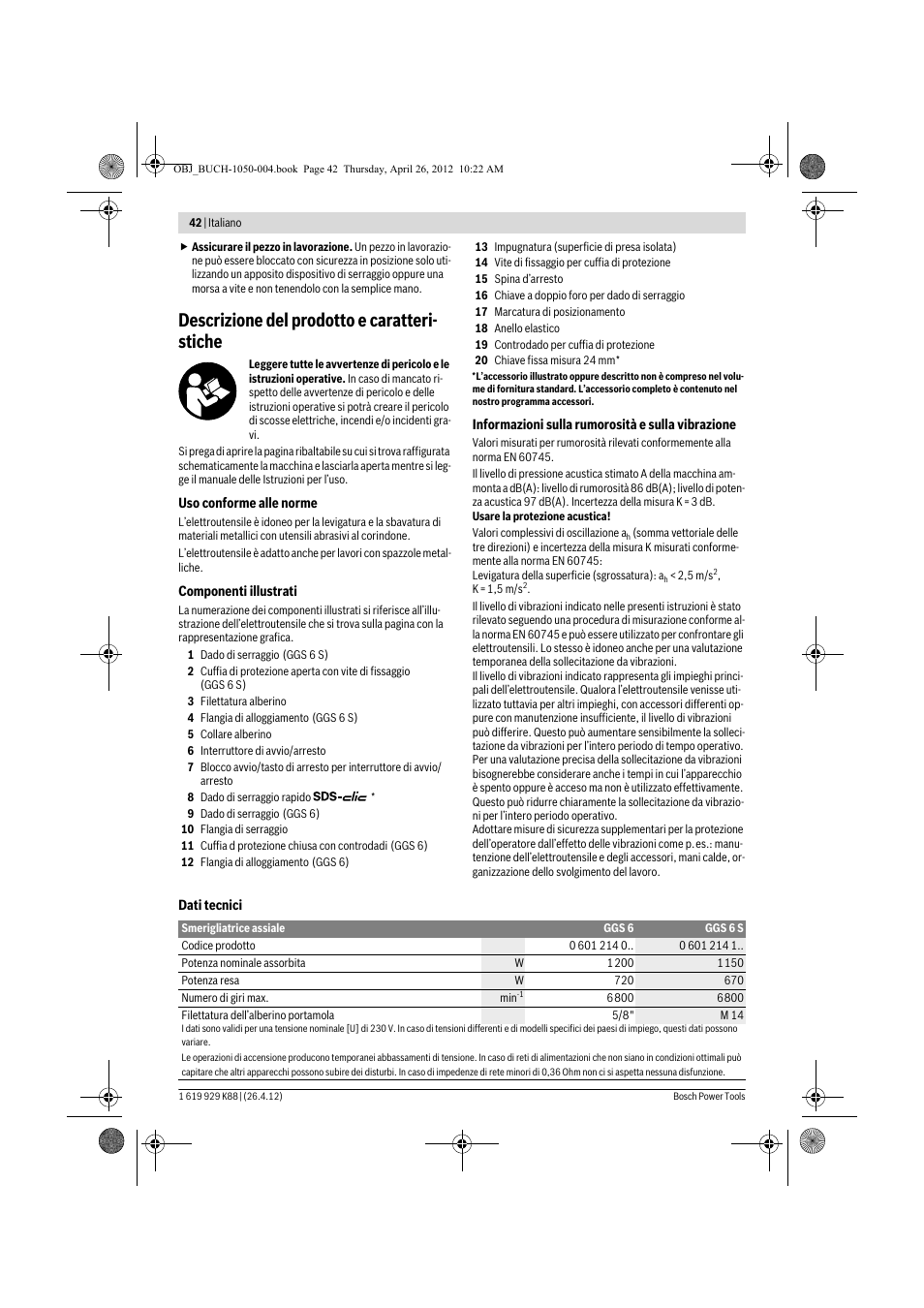 Descrizione del prodotto e caratteri- stiche | Bosch GGS 6 S Professional User Manual | Page 42 / 190