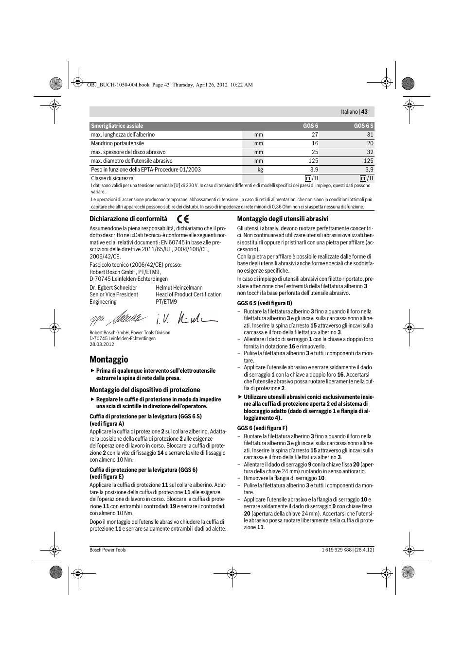 Montaggio | Bosch GGS 6 S Professional User Manual | Page 43 / 190