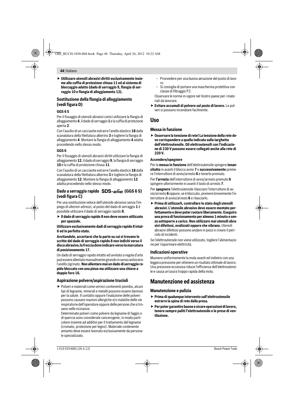 Manutenzione ed assistenza | Bosch GGS 6 S Professional User Manual | Page 44 / 190