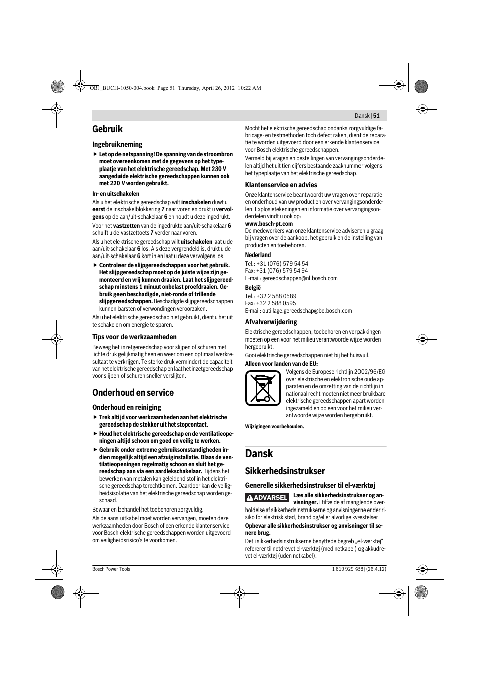 Dansk, Gebruik, Onderhoud en service | Sikkerhedsinstrukser | Bosch GGS 6 S Professional User Manual | Page 51 / 190