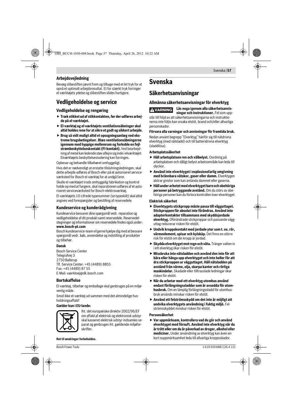 Svenska, Vedligeholdelse og service, Säkerhetsanvisningar | Bosch GGS 6 S Professional User Manual | Page 57 / 190