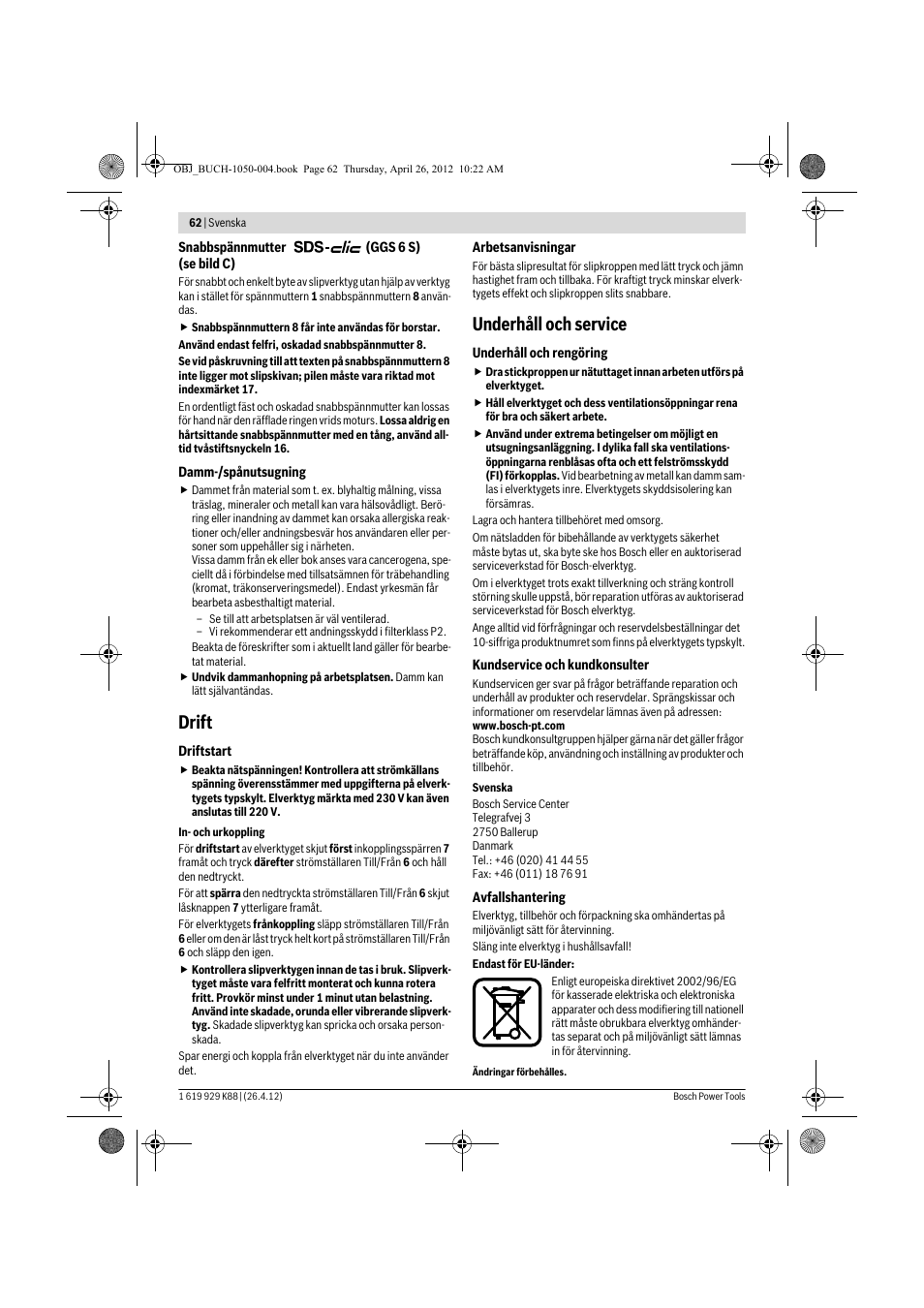 Drift, Underhåll och service | Bosch GGS 6 S Professional User Manual | Page 62 / 190