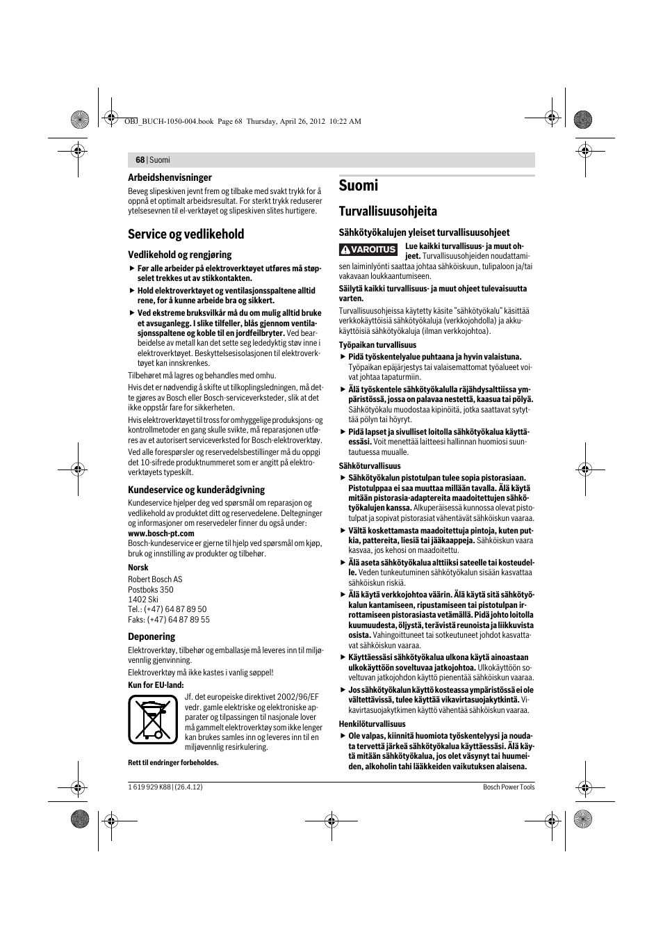 Suomi, Service og vedlikehold, Turvallisuusohjeita | Bosch GGS 6 S Professional User Manual | Page 68 / 190