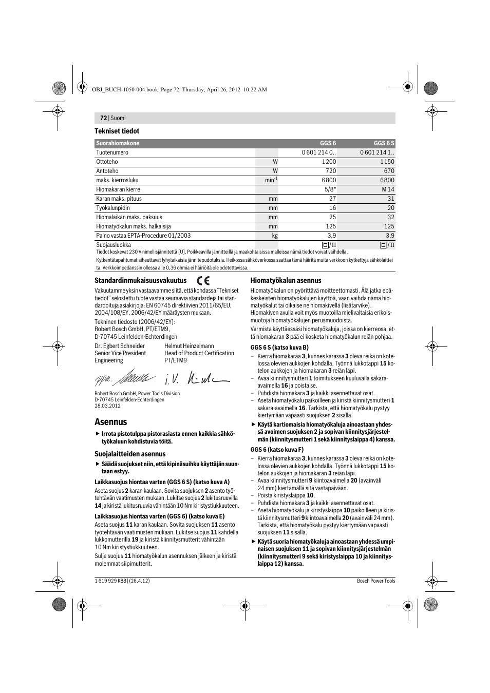 Asennus | Bosch GGS 6 S Professional User Manual | Page 72 / 190