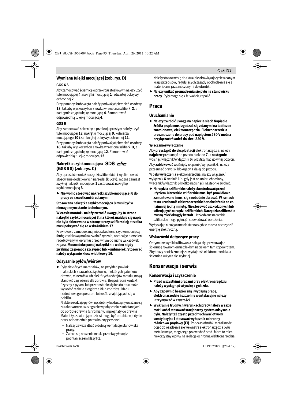 Praca, Konserwacja i serwis | Bosch GGS 6 S Professional User Manual | Page 93 / 190