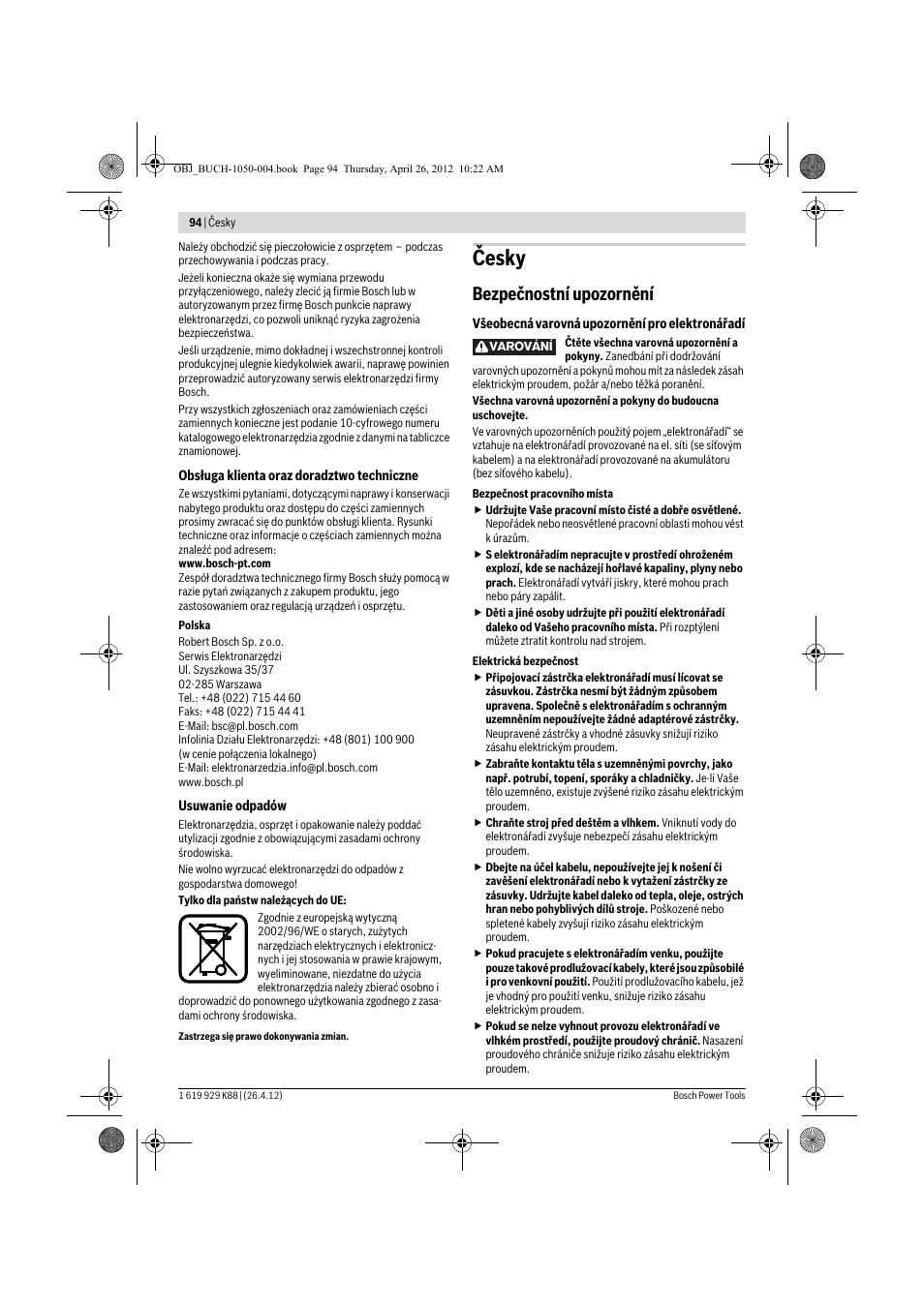 Česky, Bezpečnostní upozornění | Bosch GGS 6 S Professional User Manual | Page 94 / 190