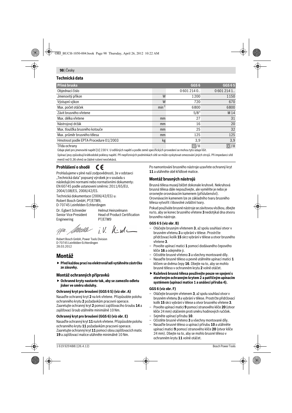 Montáž | Bosch GGS 6 S Professional User Manual | Page 98 / 190