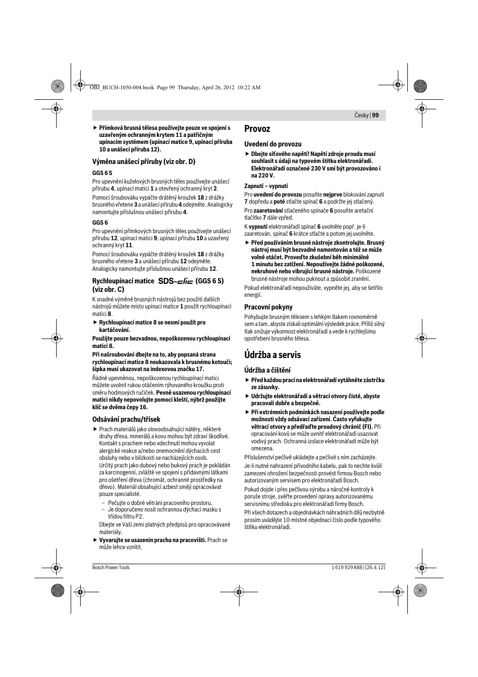 Provoz, Údržba a servis | Bosch GGS 6 S Professional User Manual | Page 99 / 190