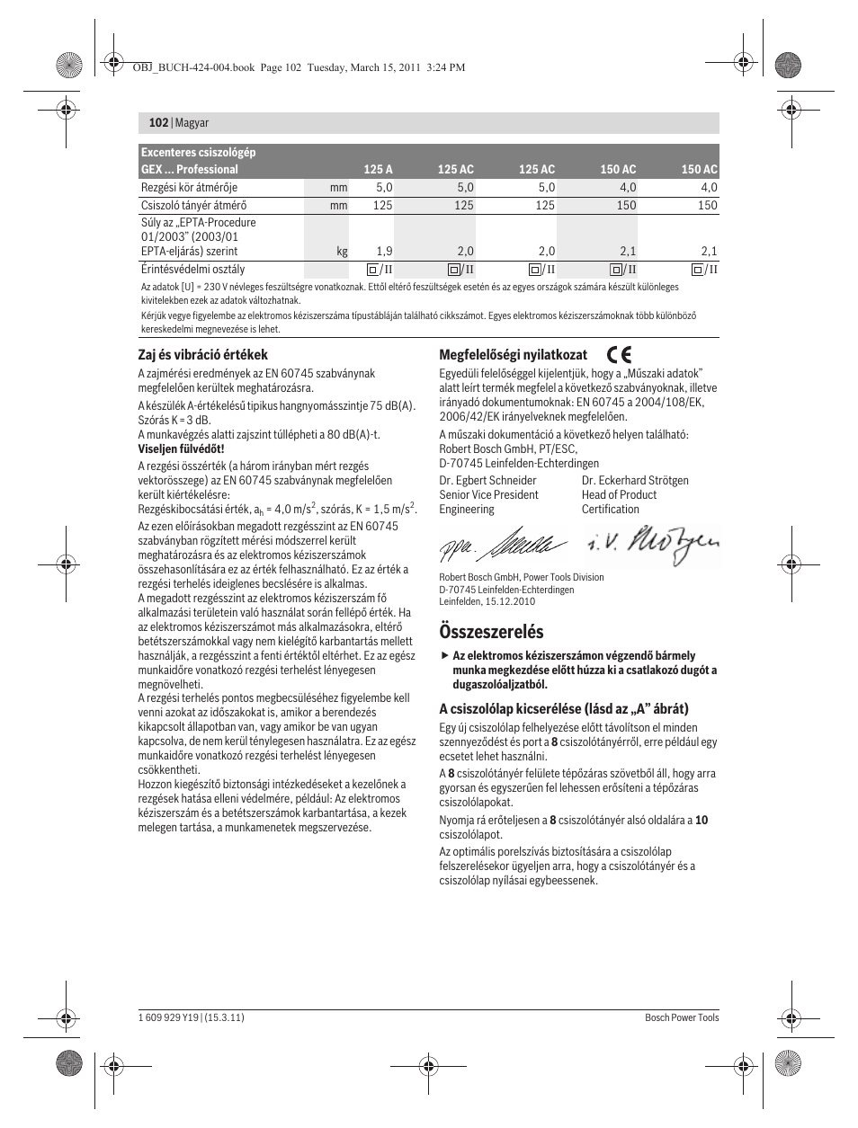 Összeszerelés | Bosch GEX 125 AC Professional User Manual | Page 102 / 179