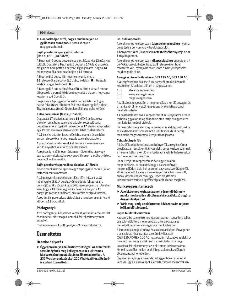 Üzemeltetés | Bosch GEX 125 AC Professional User Manual | Page 104 / 179