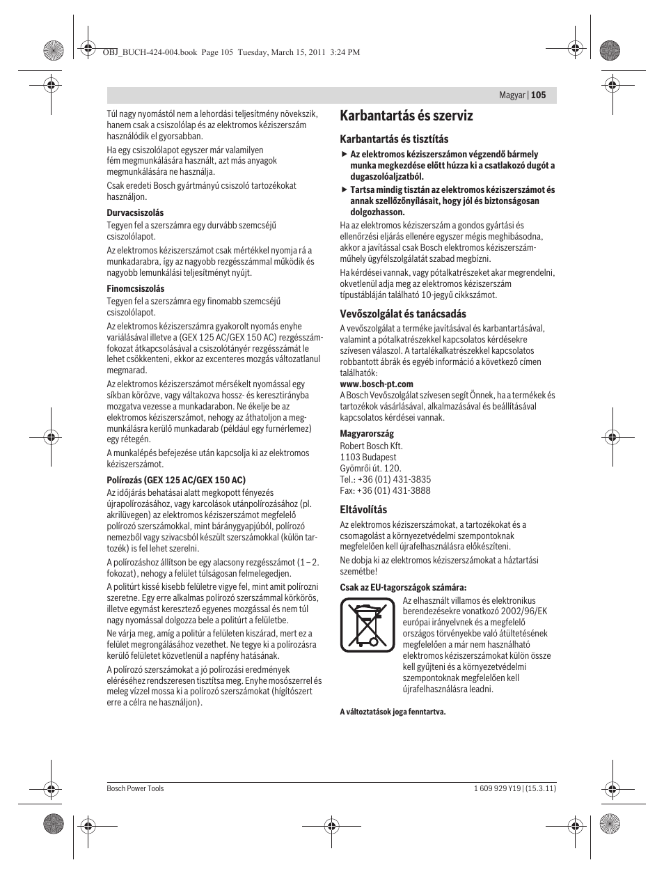 Karbantartás és szerviz | Bosch GEX 125 AC Professional User Manual | Page 105 / 179