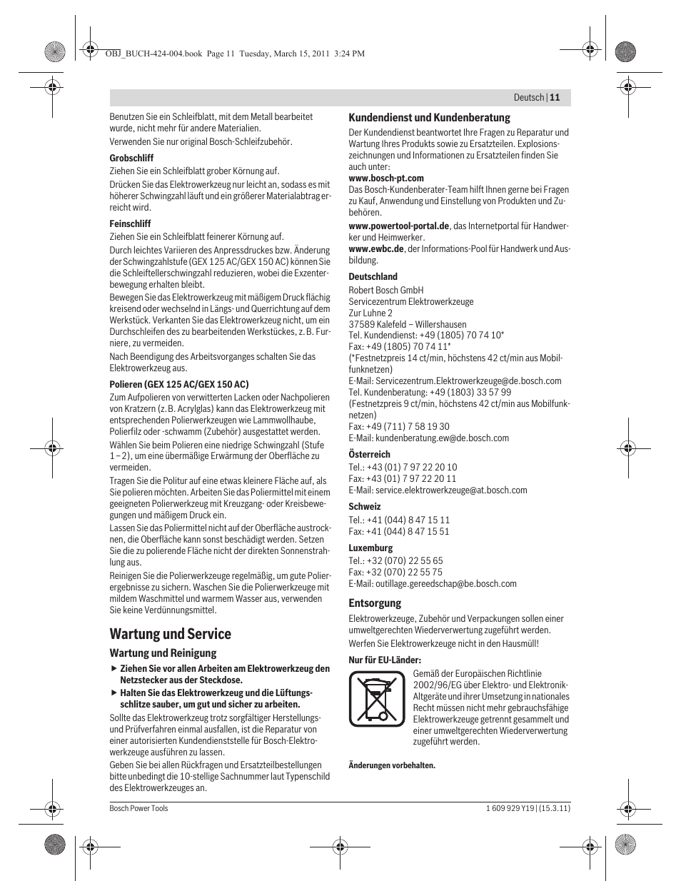 Wartung und service | Bosch GEX 125 AC Professional User Manual | Page 11 / 179