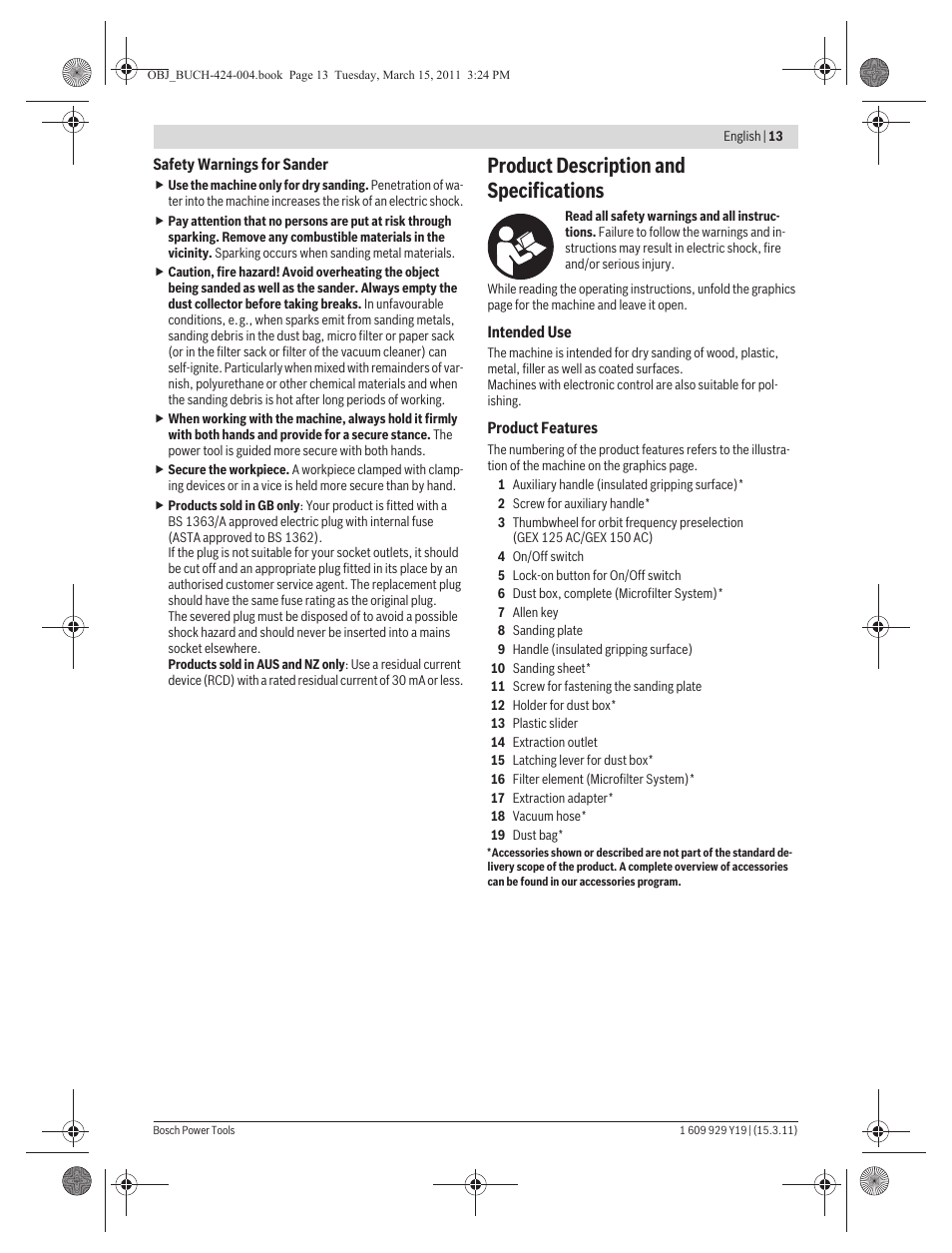 Product description and specifications | Bosch GEX 125 AC Professional User Manual | Page 13 / 179