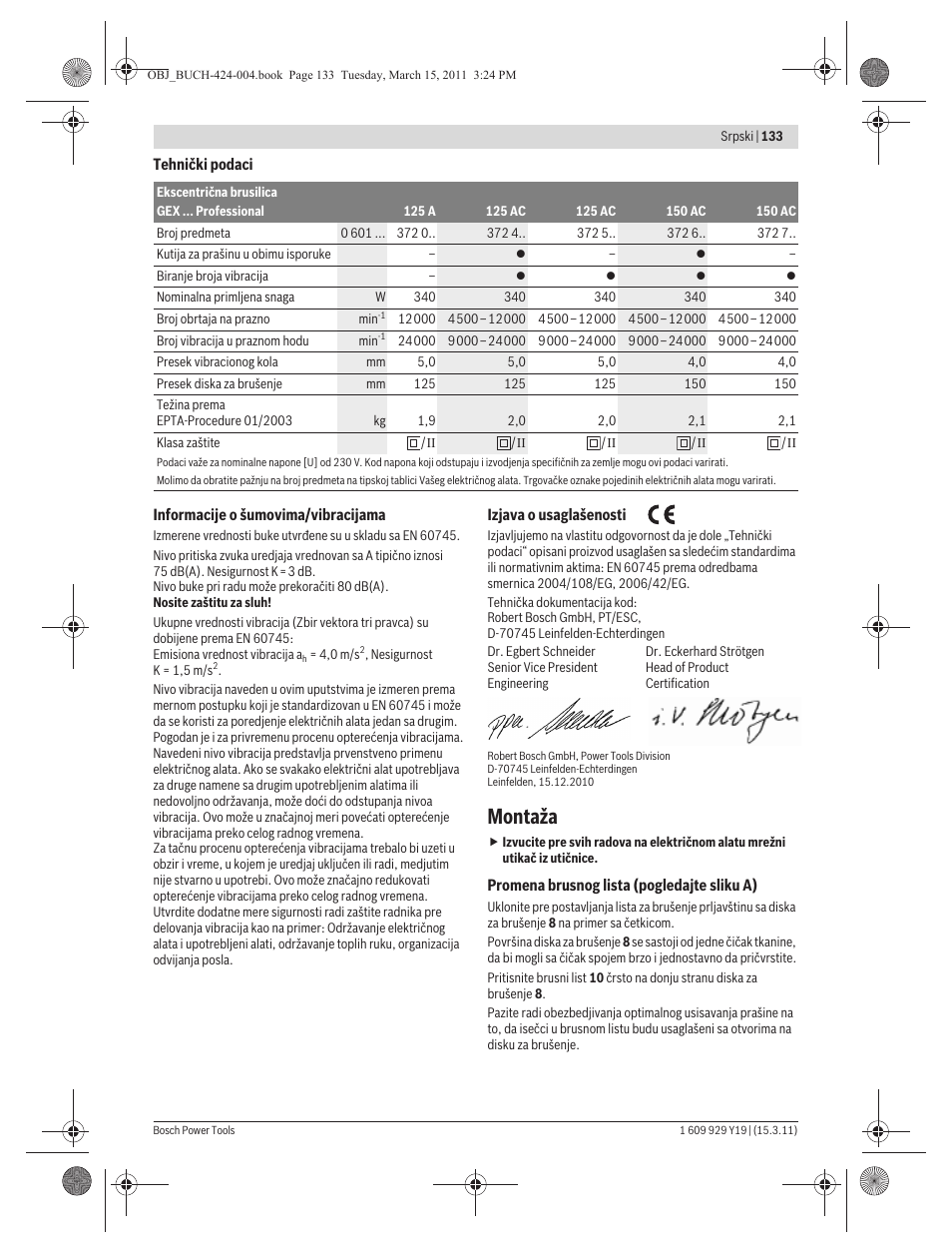 Montaža | Bosch GEX 125 AC Professional User Manual | Page 133 / 179