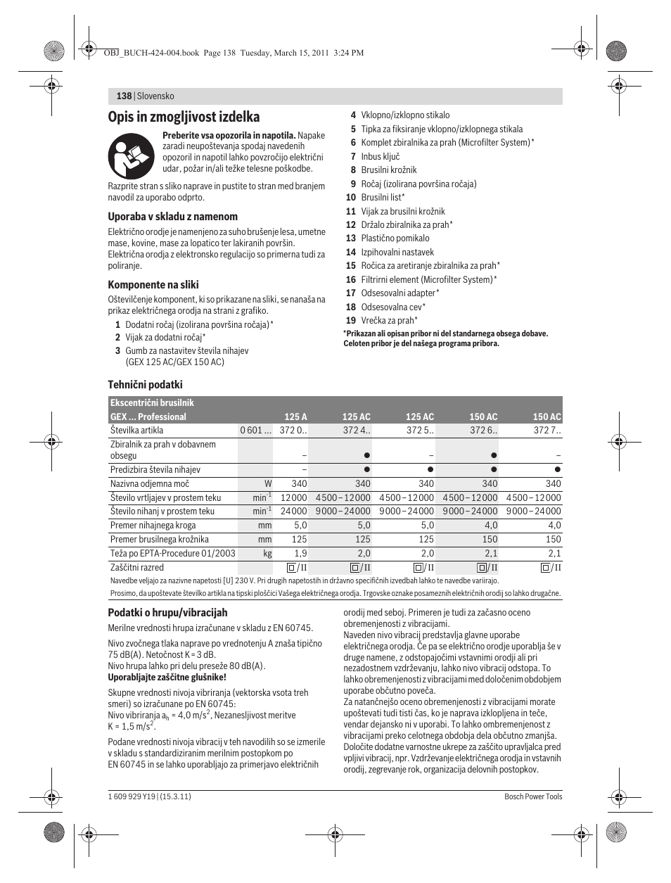 Opis in zmogljivost izdelka | Bosch GEX 125 AC Professional User Manual | Page 138 / 179