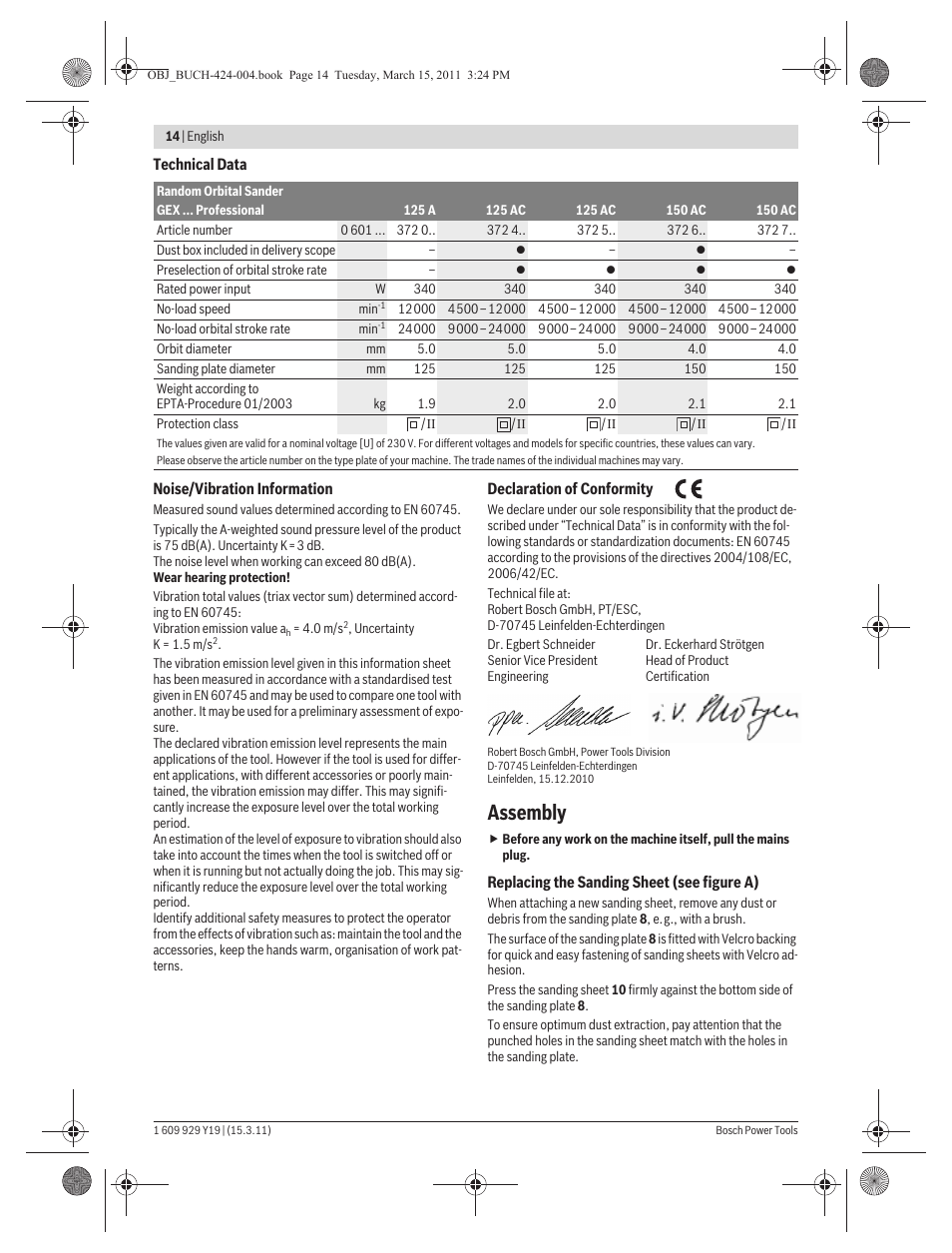 Assembly | Bosch GEX 125 AC Professional User Manual | Page 14 / 179