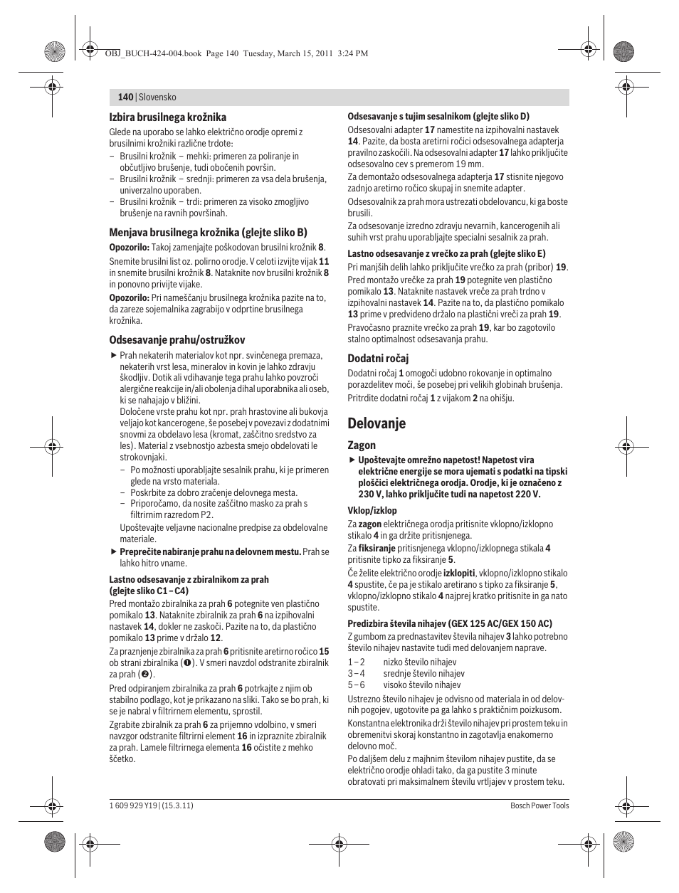 Delovanje | Bosch GEX 125 AC Professional User Manual | Page 140 / 179