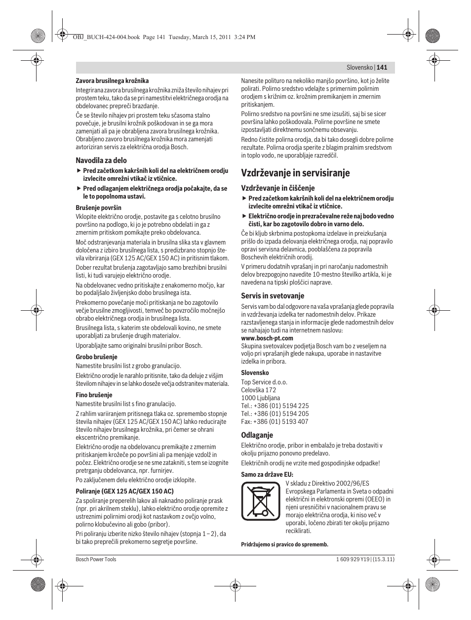 Vzdrževanje in servisiranje | Bosch GEX 125 AC Professional User Manual | Page 141 / 179