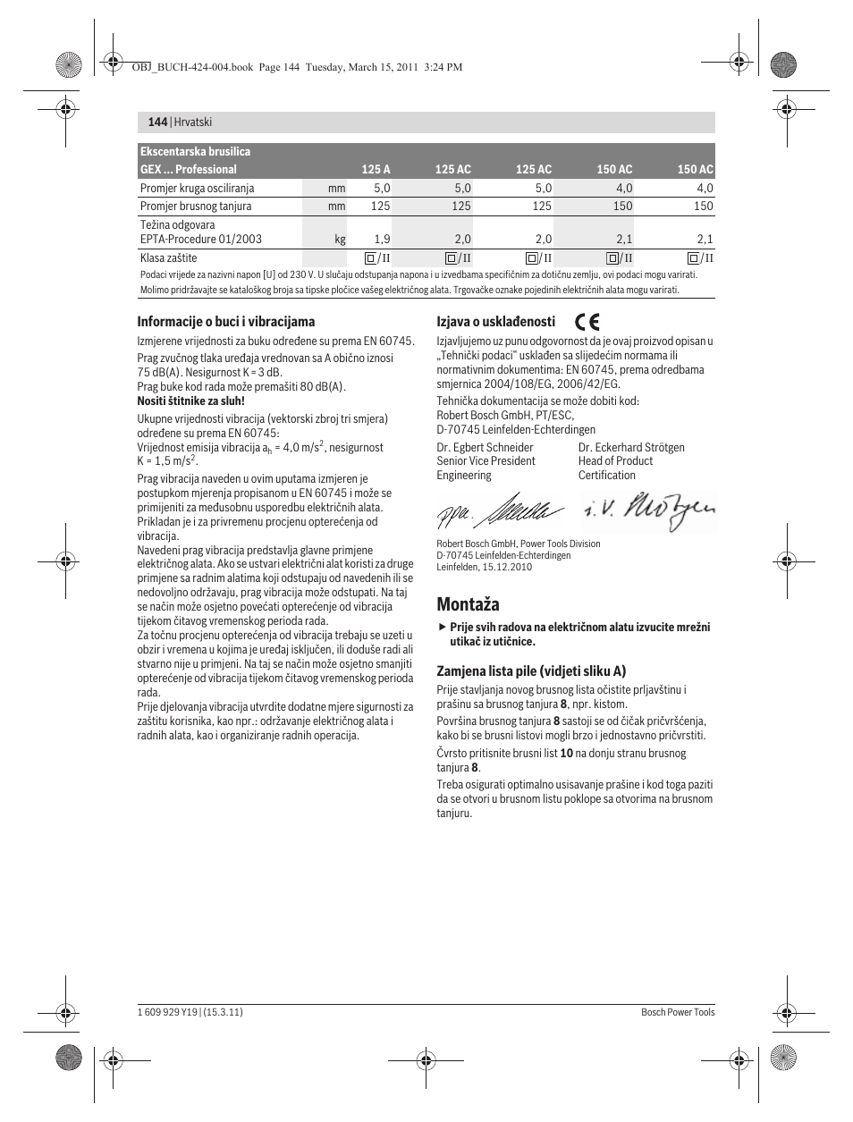 Montaža | Bosch GEX 125 AC Professional User Manual | Page 144 / 179