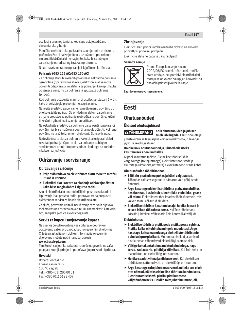 Eesti, Održavanje i servisiranje, Ohutusnõuded | Bosch GEX 125 AC Professional User Manual | Page 147 / 179