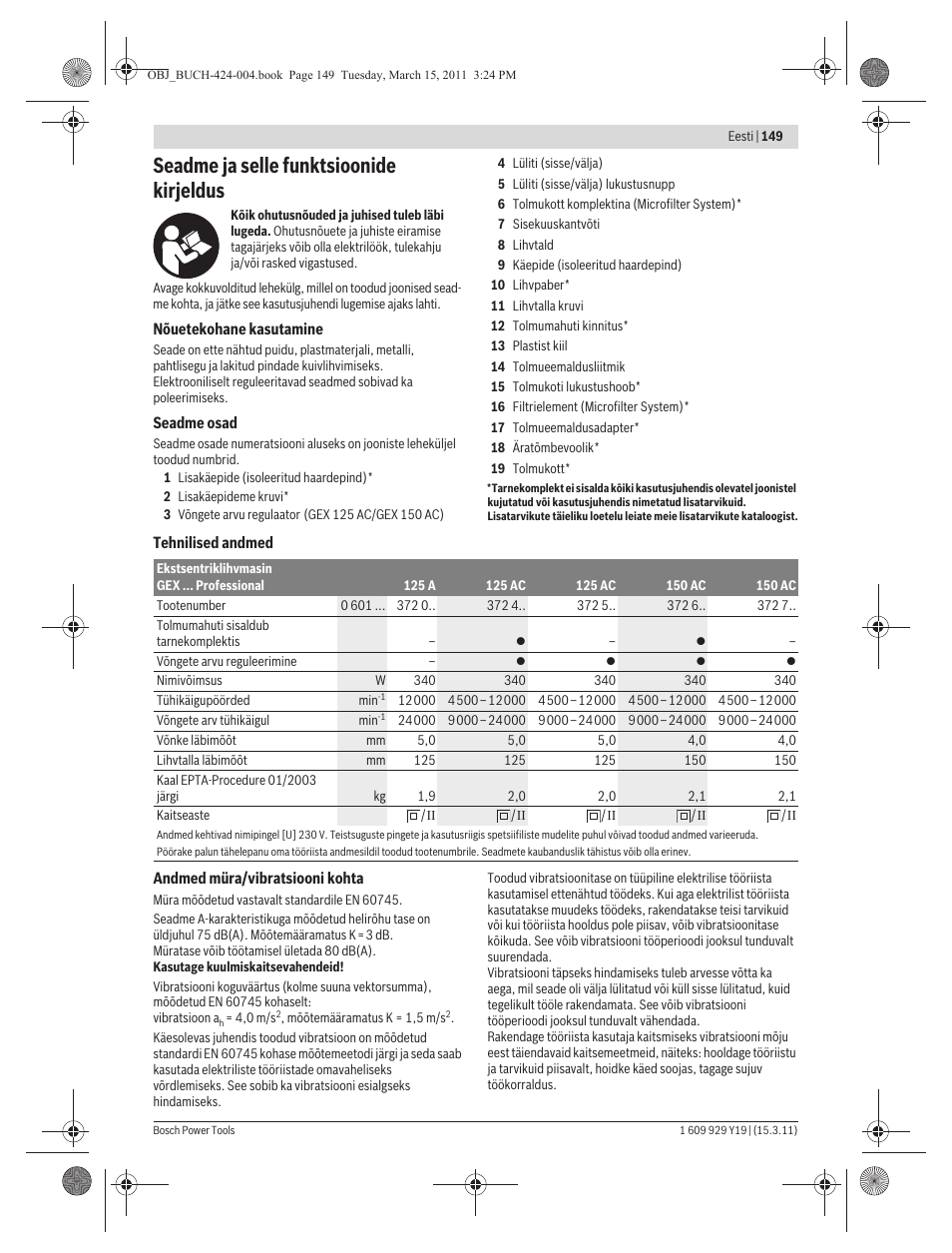 Seadme ja selle funktsioonide kirjeldus | Bosch GEX 125 AC Professional User Manual | Page 149 / 179