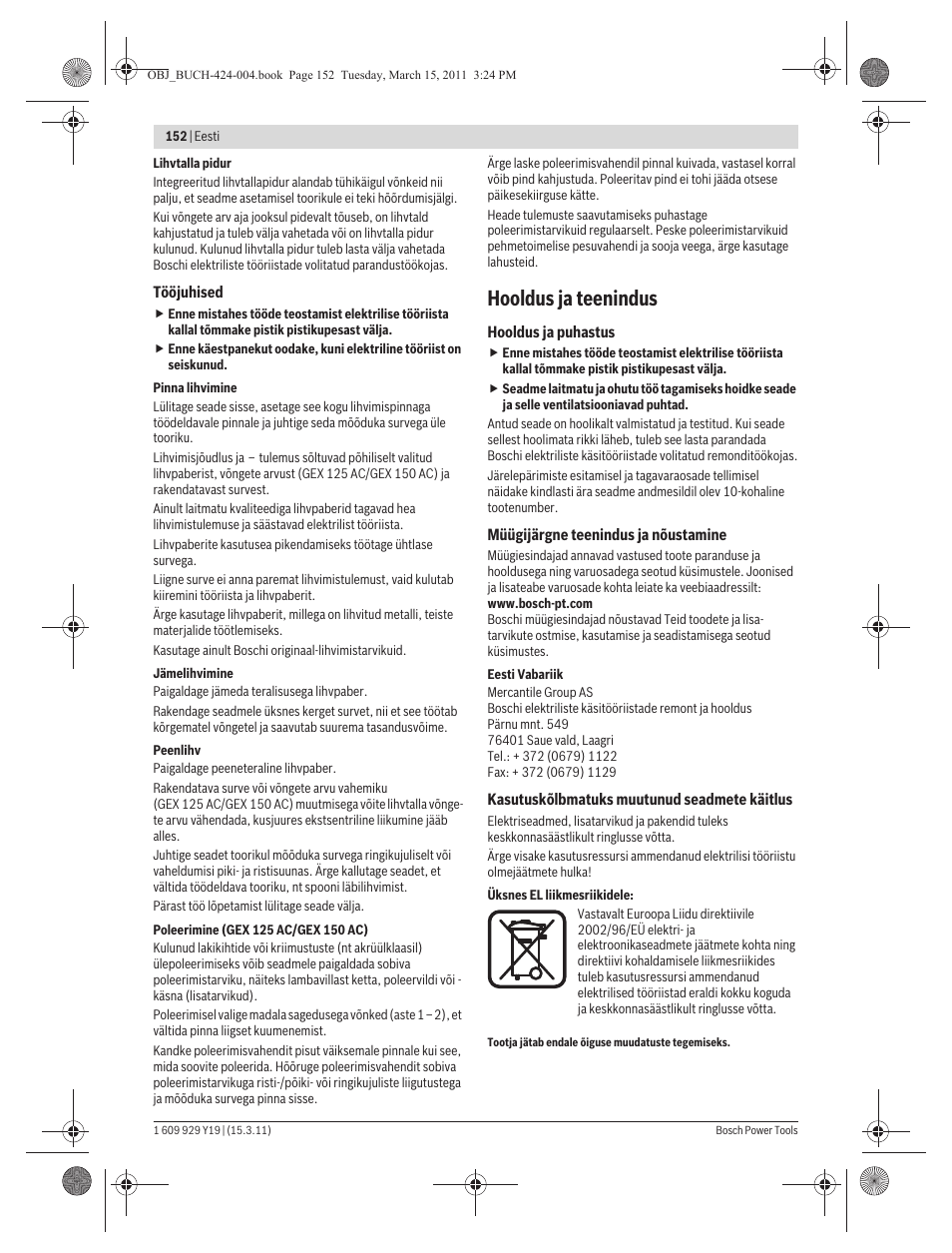 Hooldus ja teenindus | Bosch GEX 125 AC Professional User Manual | Page 152 / 179