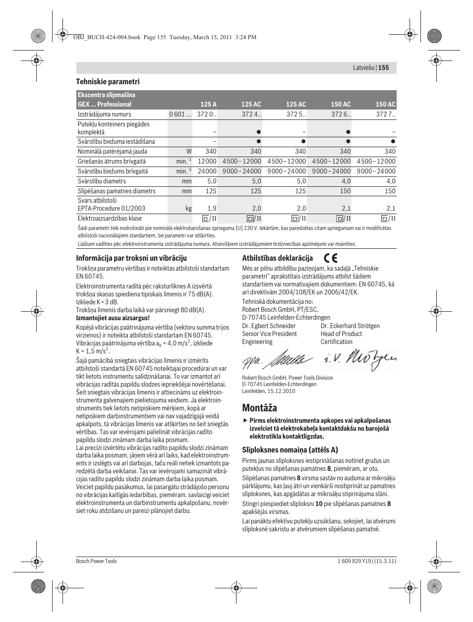 Montāža | Bosch GEX 125 AC Professional User Manual | Page 155 / 179