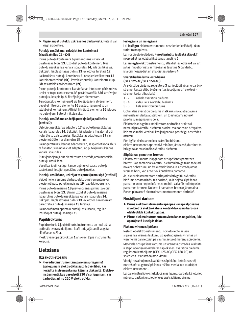 Lietošana | Bosch GEX 125 AC Professional User Manual | Page 157 / 179