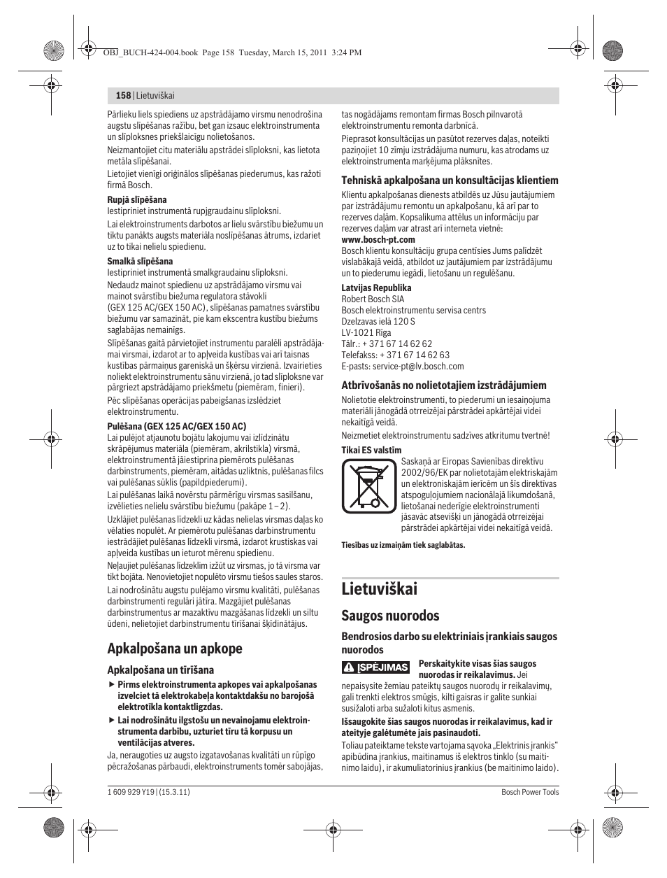 Lietuviškai, Apkalpošana un apkope, Saugos nuorodos | Bosch GEX 125 AC Professional User Manual | Page 158 / 179