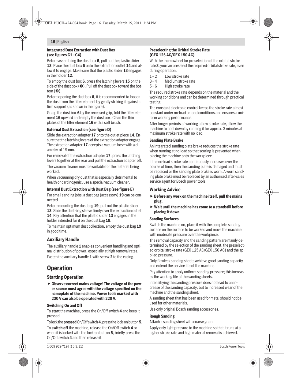 Operation | Bosch GEX 125 AC Professional User Manual | Page 16 / 179