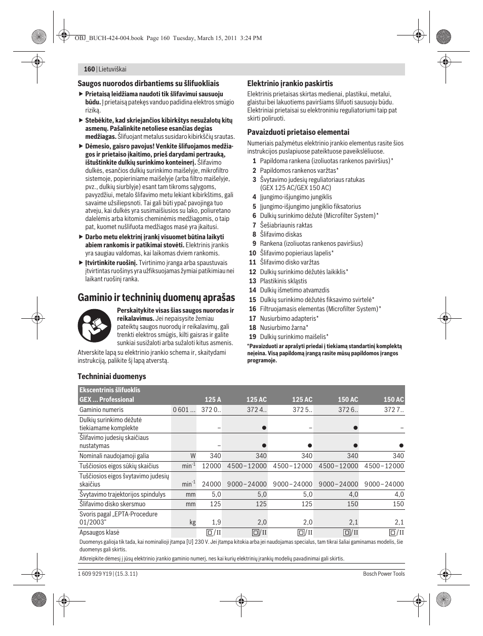 Gaminio ir techninių duomenų aprašas | Bosch GEX 125 AC Professional User Manual | Page 160 / 179