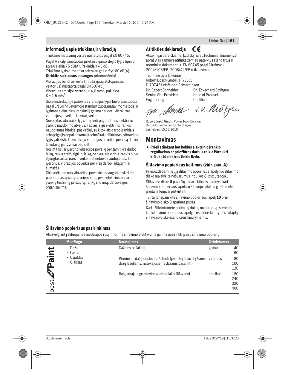 Montavimas | Bosch GEX 125 AC Professional User Manual | Page 161 / 179