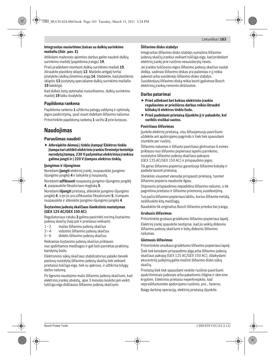 Naudojimas | Bosch GEX 125 AC Professional User Manual | Page 163 / 179