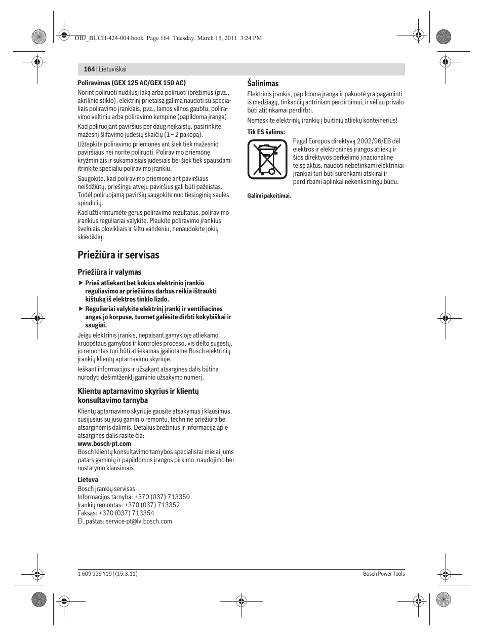 Priežiūra ir servisas | Bosch GEX 125 AC Professional User Manual | Page 164 / 179