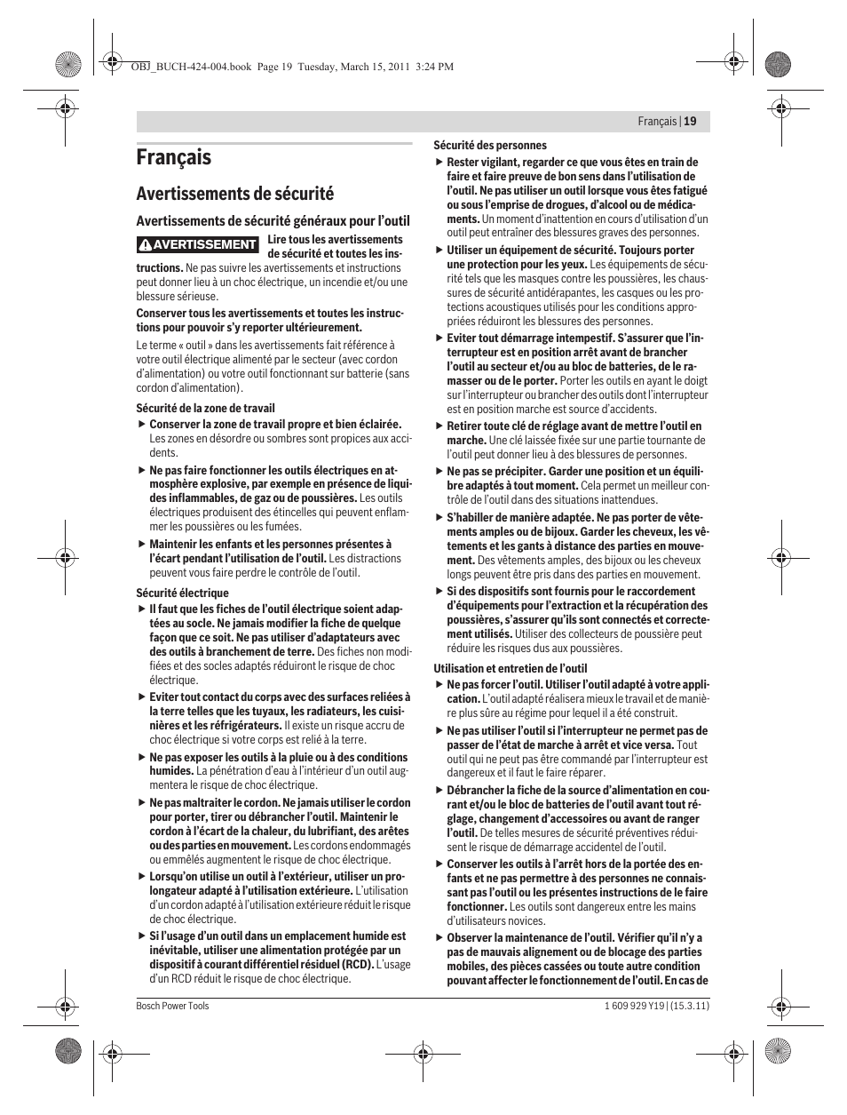 Français, Avertissements de sécurité | Bosch GEX 125 AC Professional User Manual | Page 19 / 179