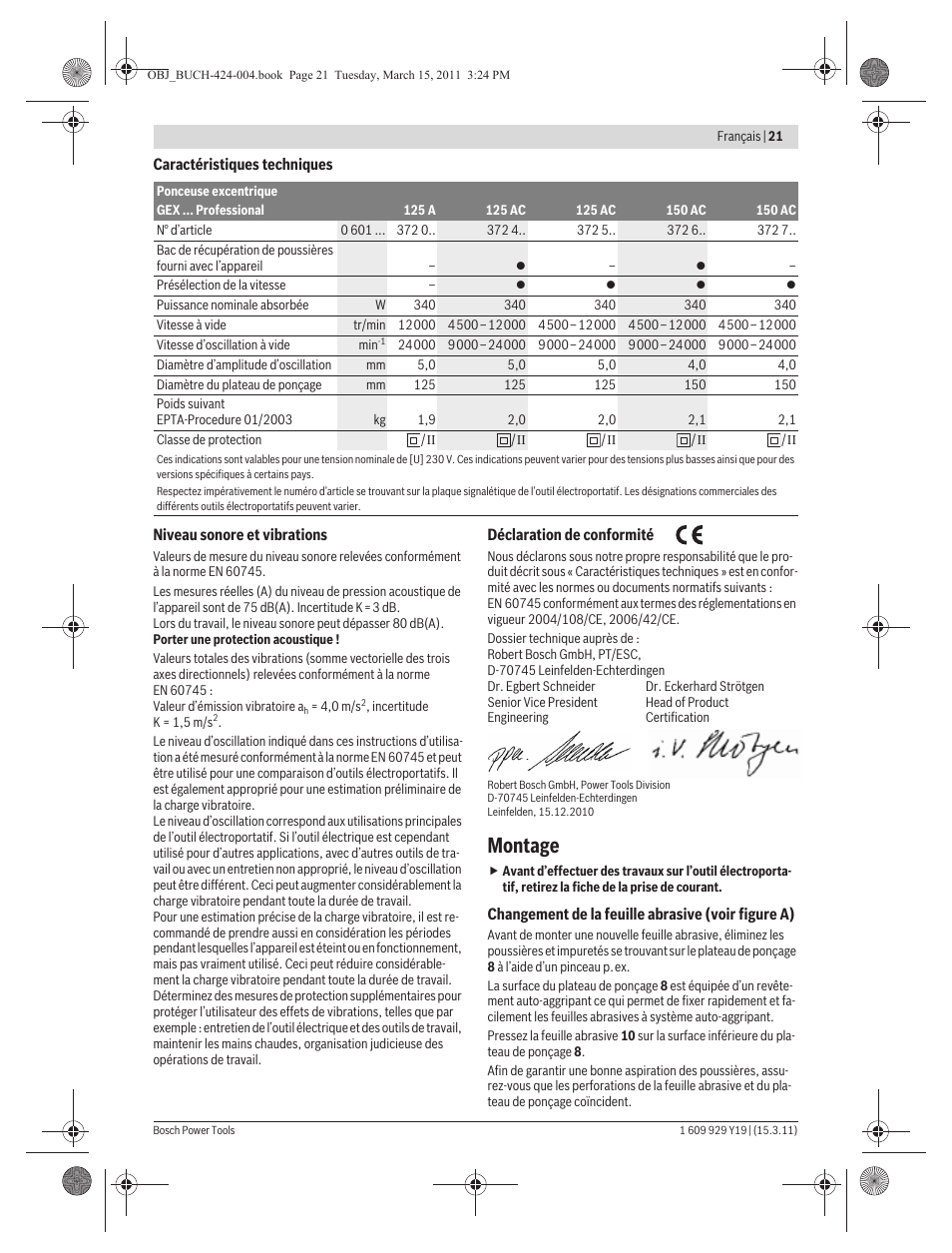 Montage | Bosch GEX 125 AC Professional User Manual | Page 21 / 179