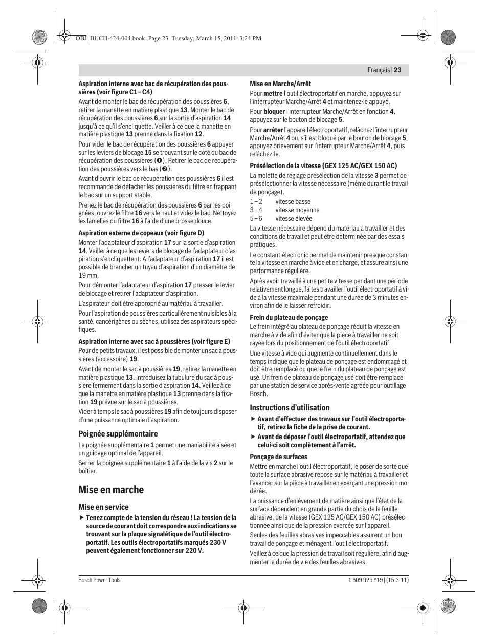 Mise en marche | Bosch GEX 125 AC Professional User Manual | Page 23 / 179