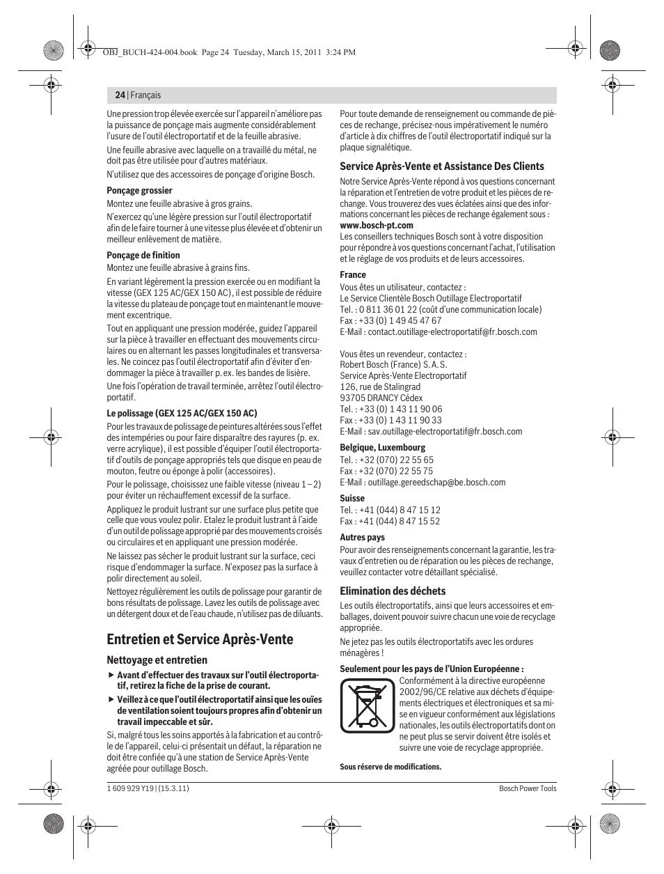 Entretien et service après-vente | Bosch GEX 125 AC Professional User Manual | Page 24 / 179