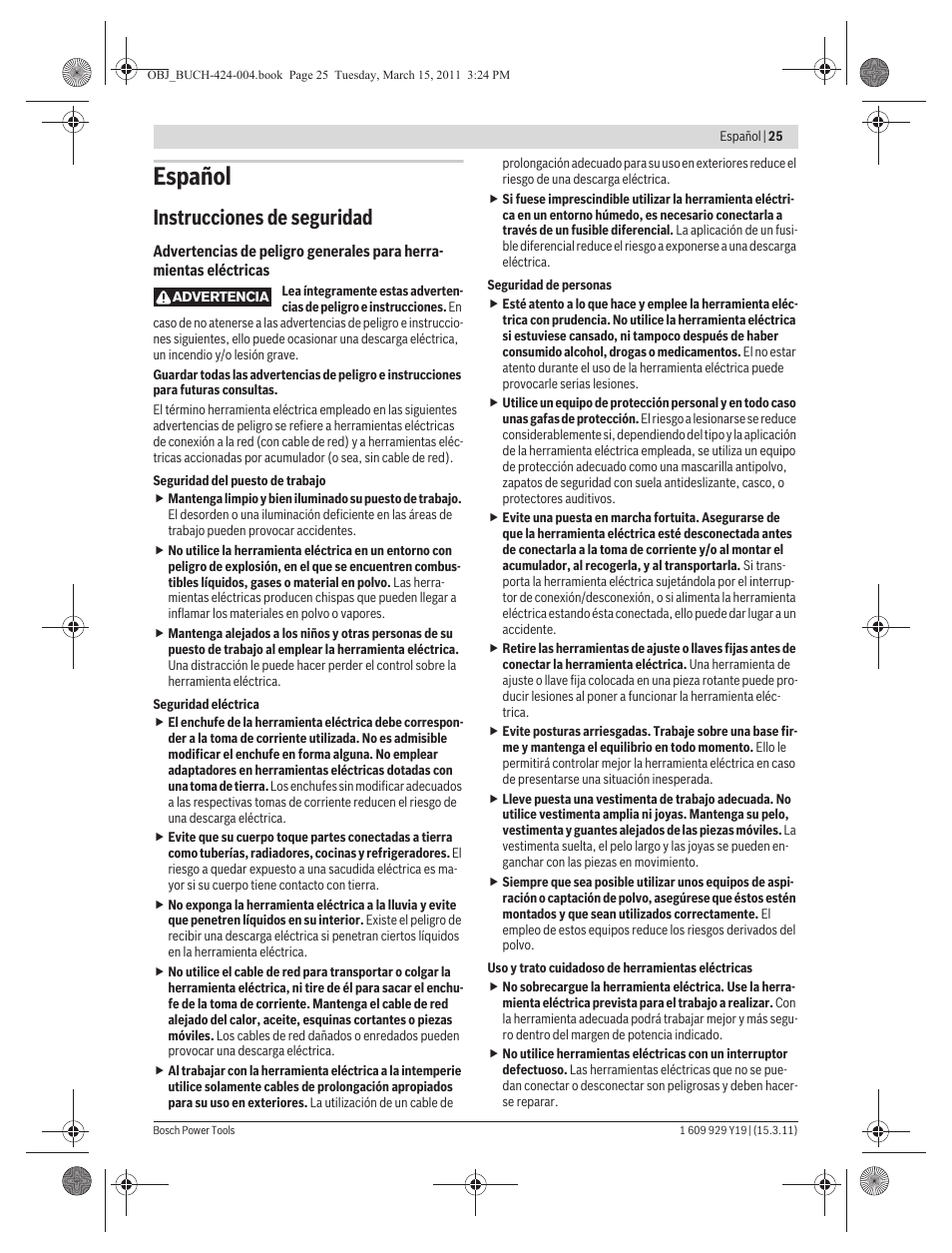 Español, Instrucciones de seguridad | Bosch GEX 125 AC Professional User Manual | Page 25 / 179