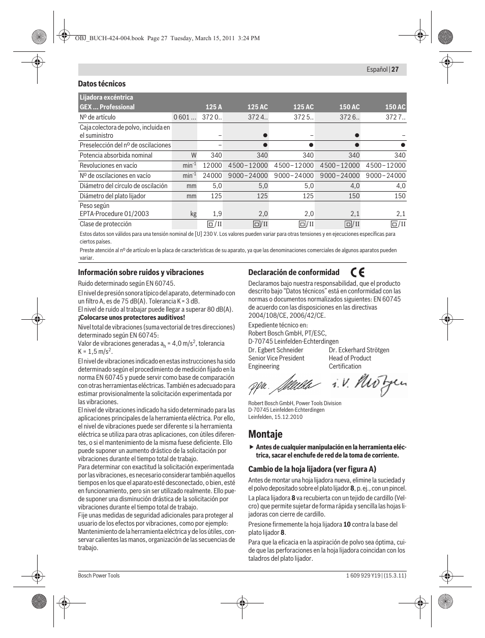 Montaje | Bosch GEX 125 AC Professional User Manual | Page 27 / 179