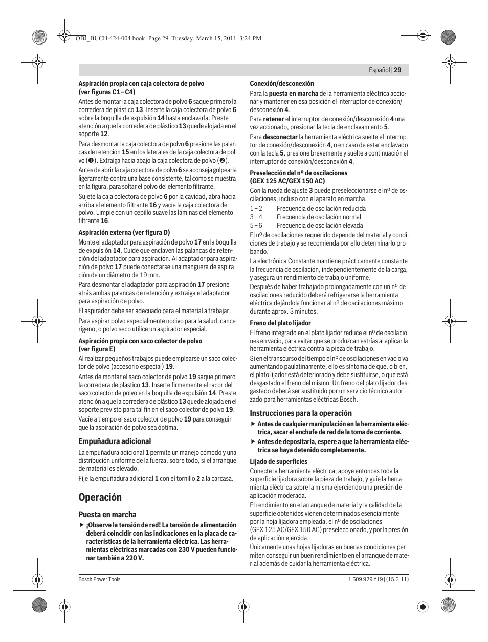 Operación | Bosch GEX 125 AC Professional User Manual | Page 29 / 179