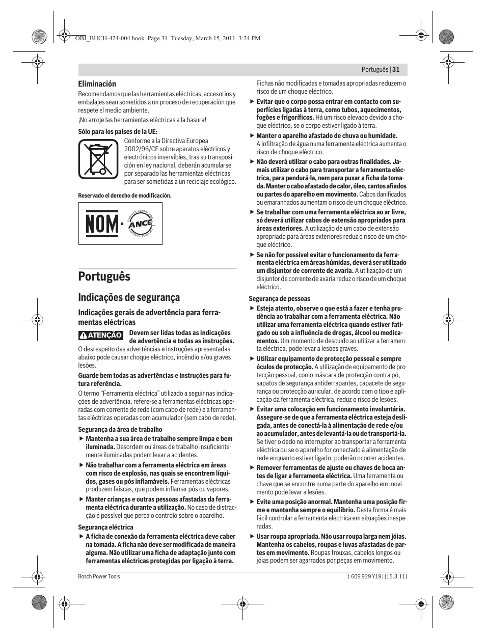 Português, Indicações de segurança | Bosch GEX 125 AC Professional User Manual | Page 31 / 179