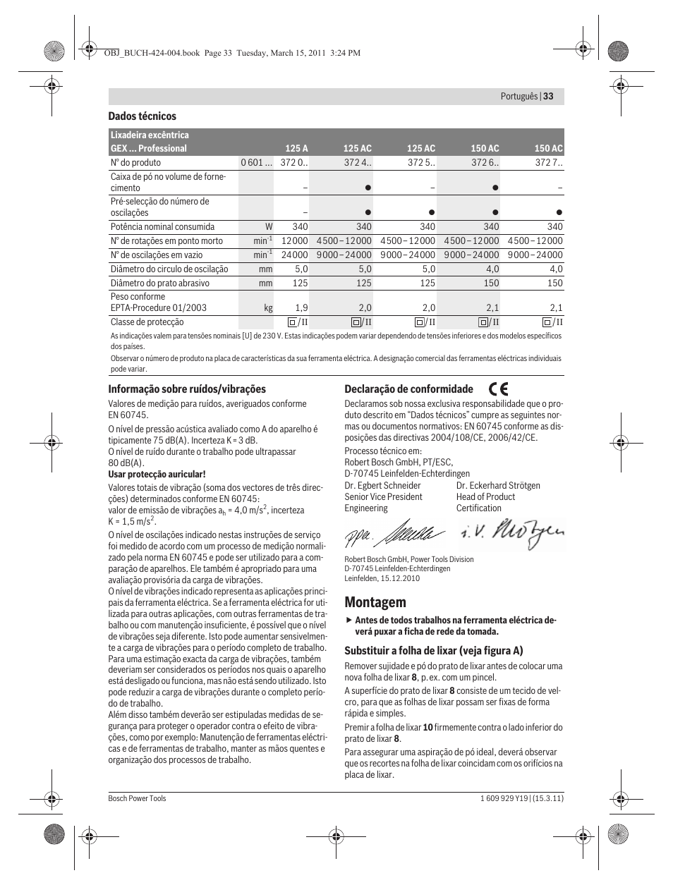 Montagem | Bosch GEX 125 AC Professional User Manual | Page 33 / 179