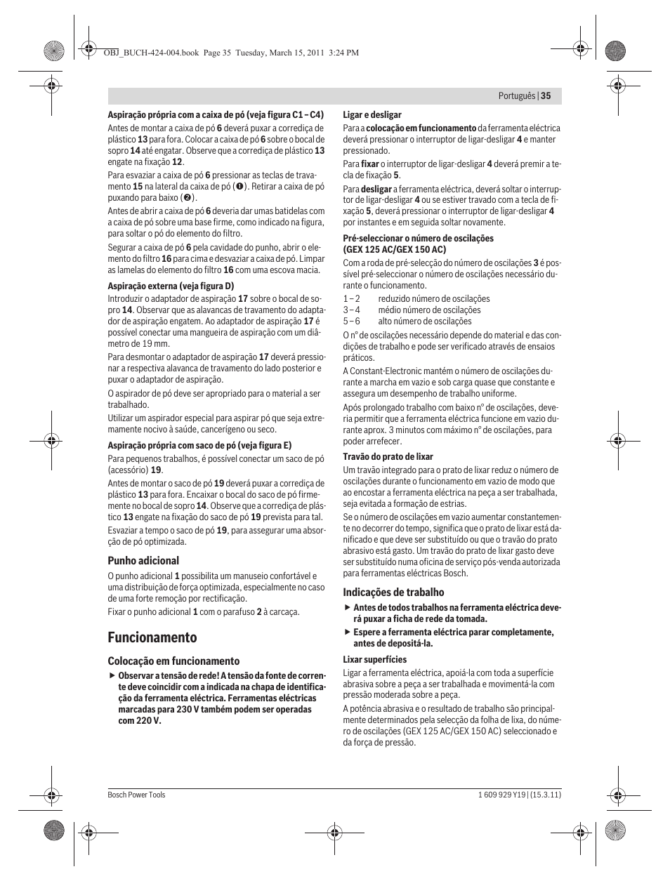 Funcionamento | Bosch GEX 125 AC Professional User Manual | Page 35 / 179