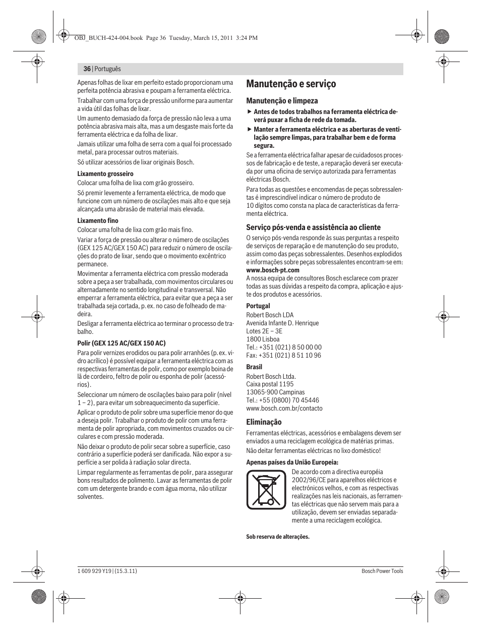 Manutenção e serviço | Bosch GEX 125 AC Professional User Manual | Page 36 / 179