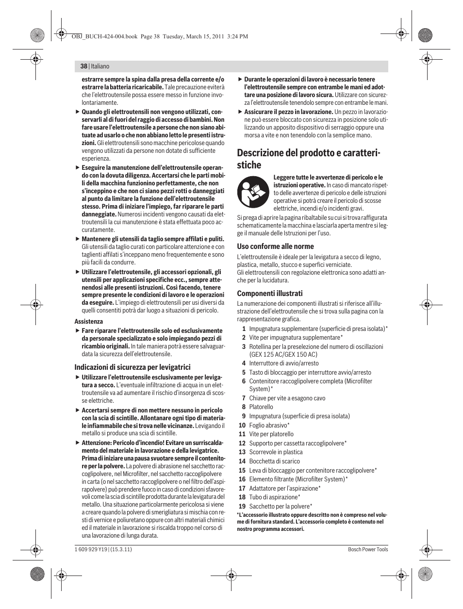 Descrizione del prodotto e caratteri- stiche | Bosch GEX 125 AC Professional User Manual | Page 38 / 179