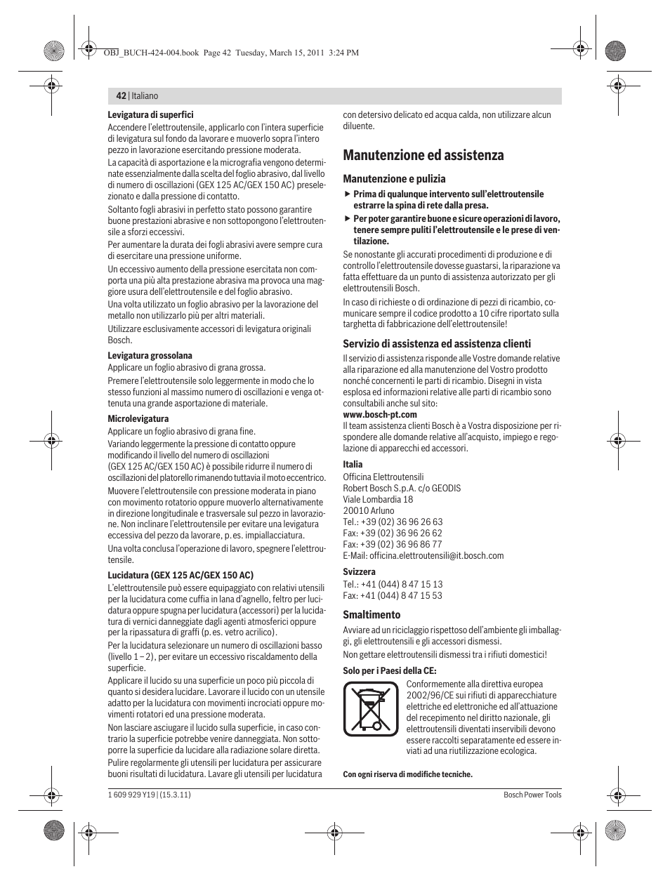 Manutenzione ed assistenza | Bosch GEX 125 AC Professional User Manual | Page 42 / 179