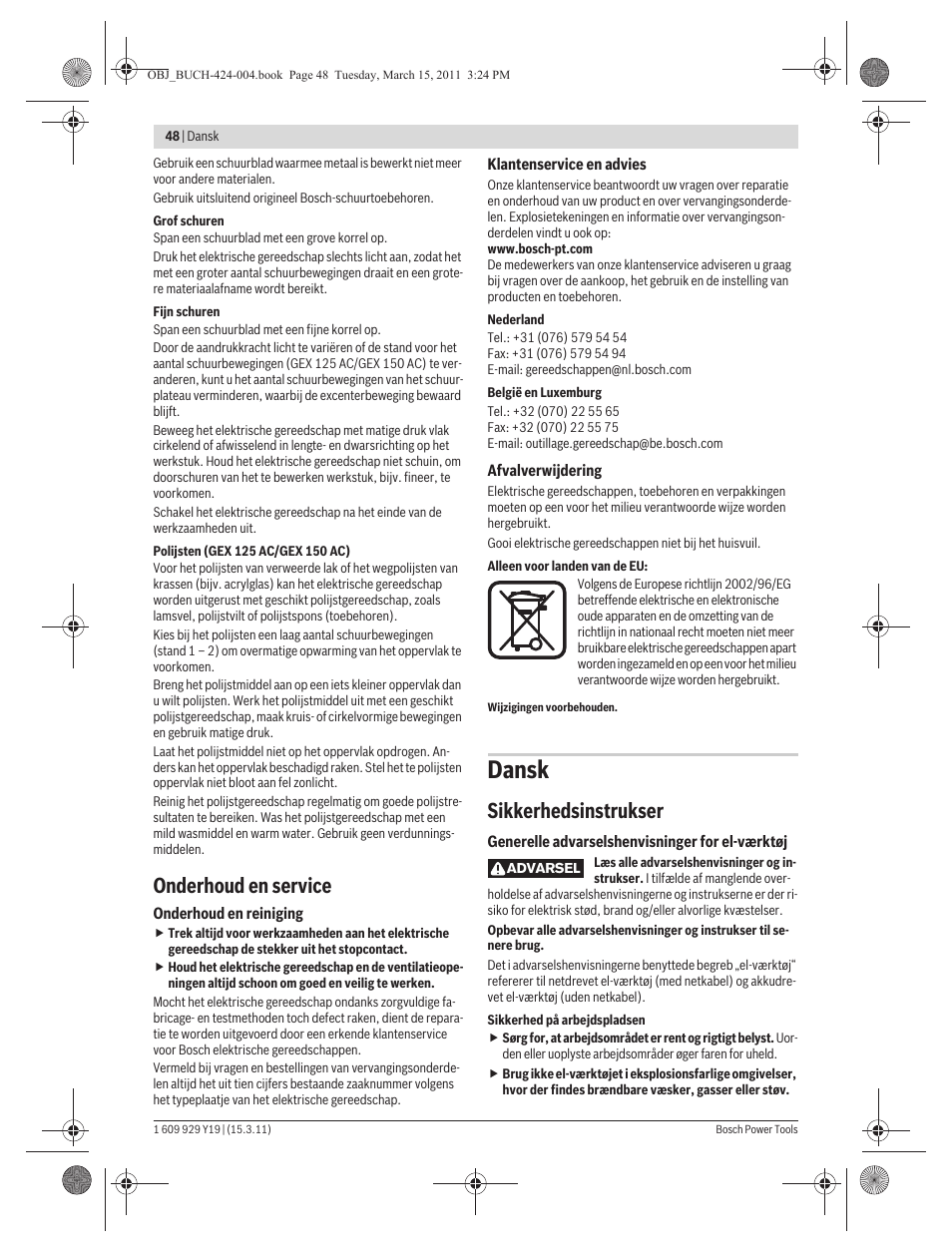 Dansk, Onderhoud en service, Sikkerhedsinstrukser | Bosch GEX 125 AC Professional User Manual | Page 48 / 179